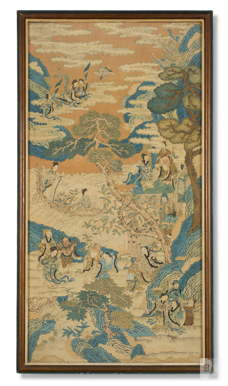 GRAND PANNEAU EN KESI REPRÉSENTANT XIWANGMU ET LES IMMORTELS TAOÏSTES  CHINE, DYNASTIE QING, XIXE SIÈCLE